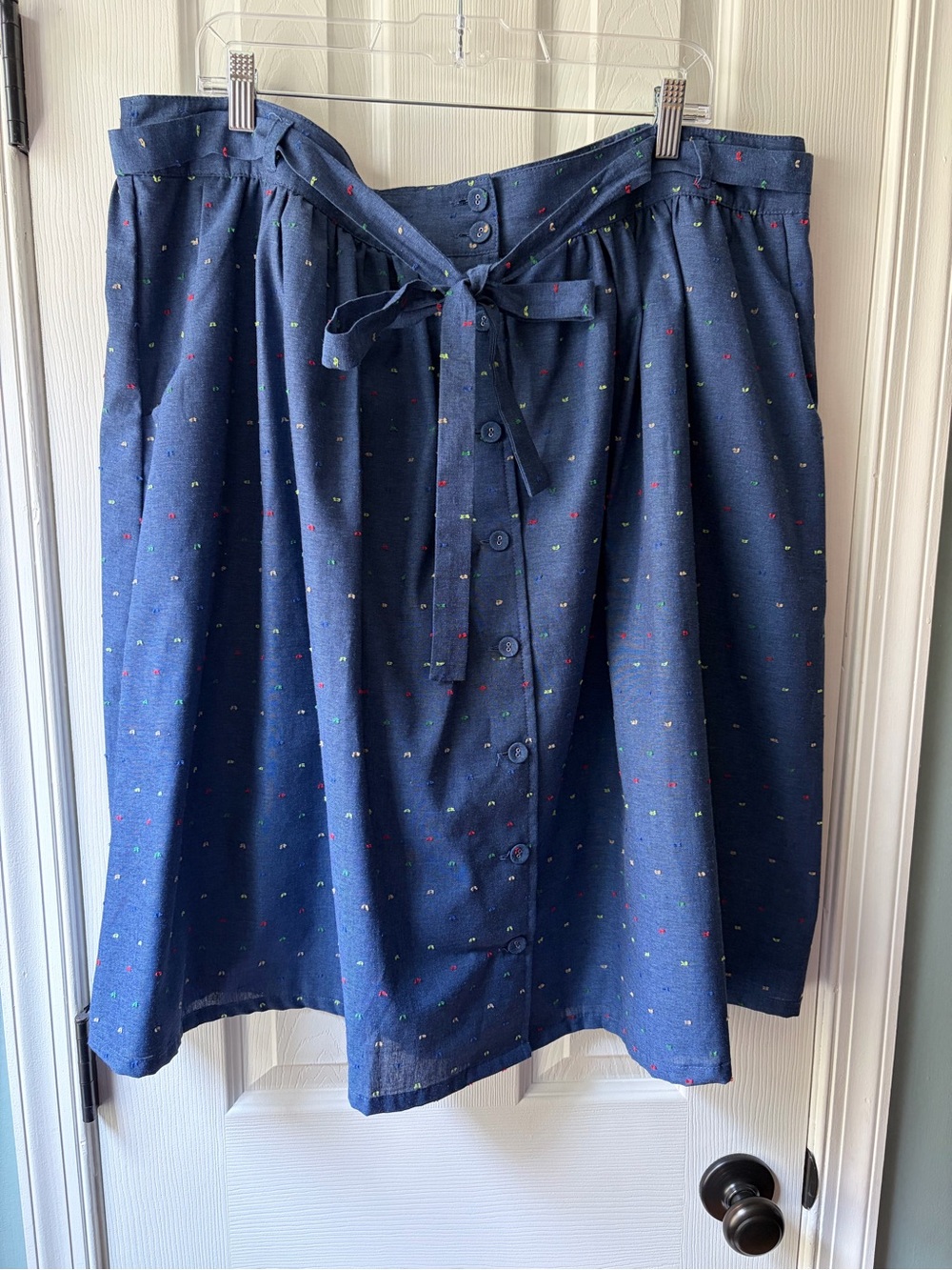 Modcloth Navy Button-Front Midi Skirt with Tie Waist and Tiny Dots
